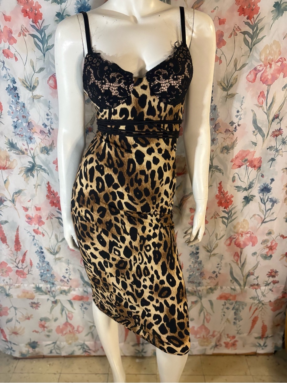 Vintage Leopard Print Lace-Trim Midi Slip Dress